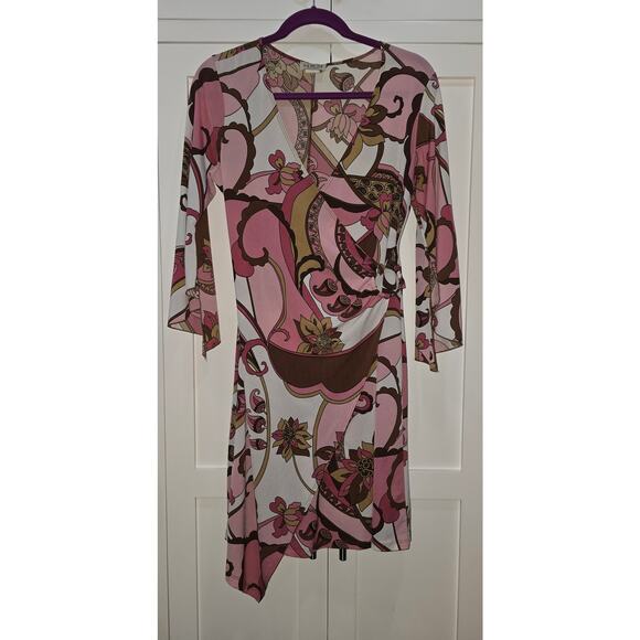 M.K.M Designs Pink & Brown Groovy Faux Wrap Dress (M) - Picture 2 of 11